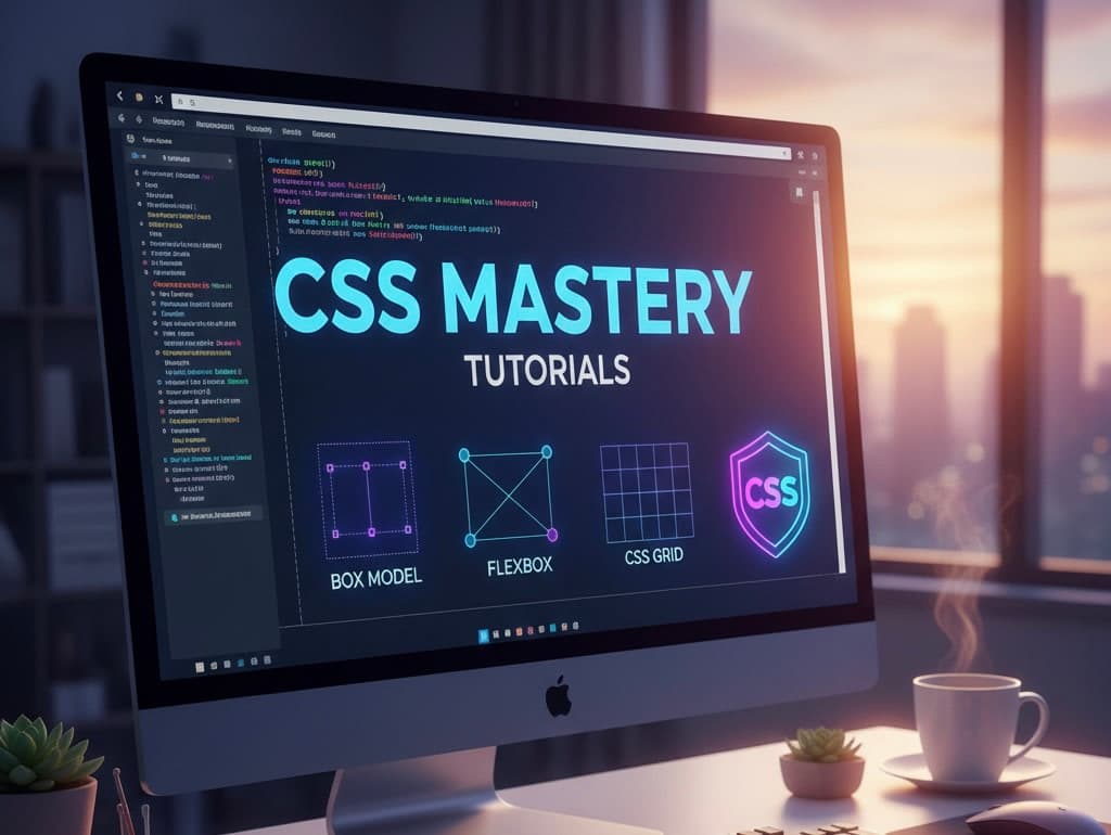 A visual representation of CSS concepts, including code snippets and web design elements